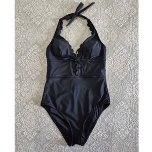 Cupshe Womens Black Scalloped Halter Lace Up One Piece Swimsuit Size Medium